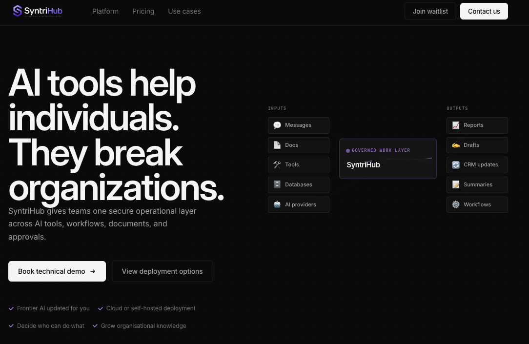 SyntriHub — governed AI work layer