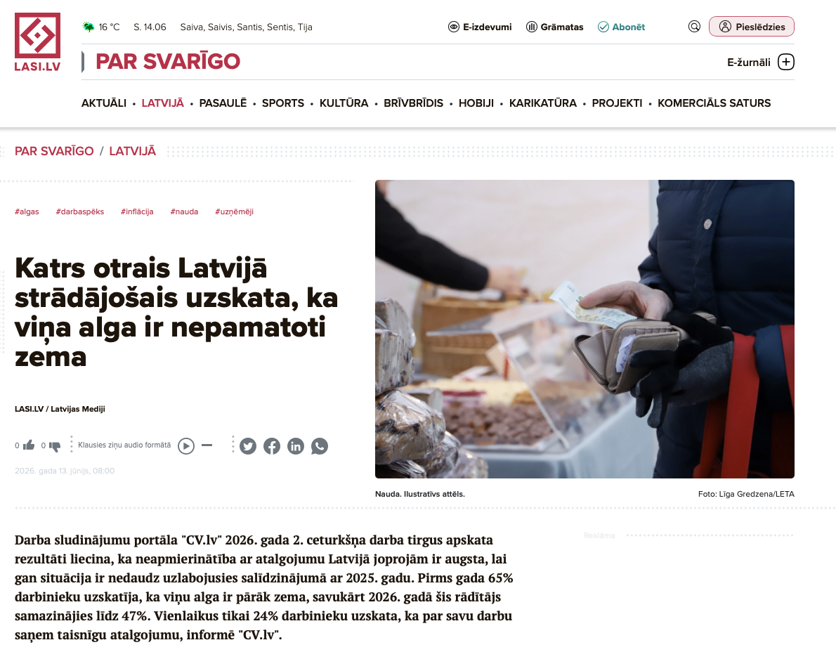 47% of workers in Latvia feel underpaid — lasi.lv